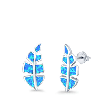 Leaf Stud Earrings Lab Created Blue Opal 925 Sterling Silver (14mm)